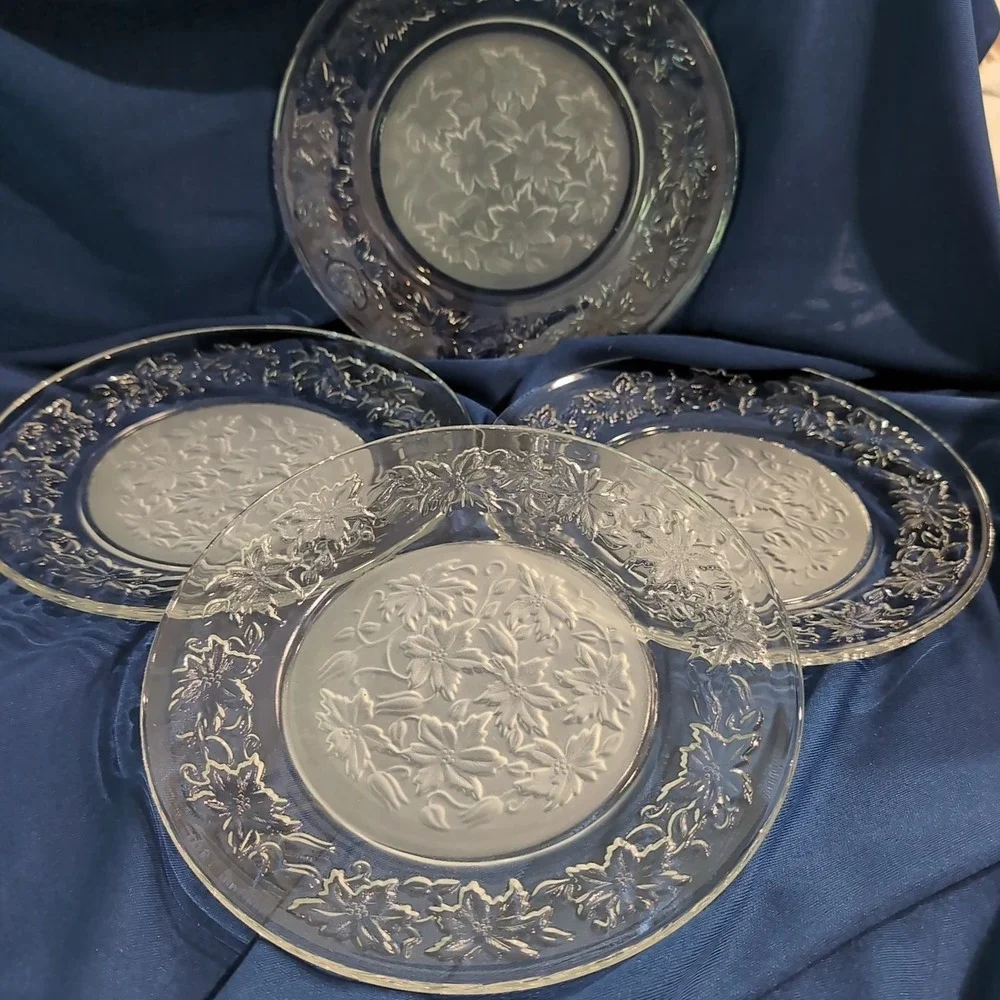 Princess House Poinsettia Frosted Center Clear Rim Glass Dinner Plates Set of 4